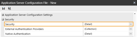 The Application Server Configuration File dialog box has a grid with row headings that have a gray background with black text and can be expanded to display fields with a white background and black text. In this example, in the Security section, Security is highlighted.